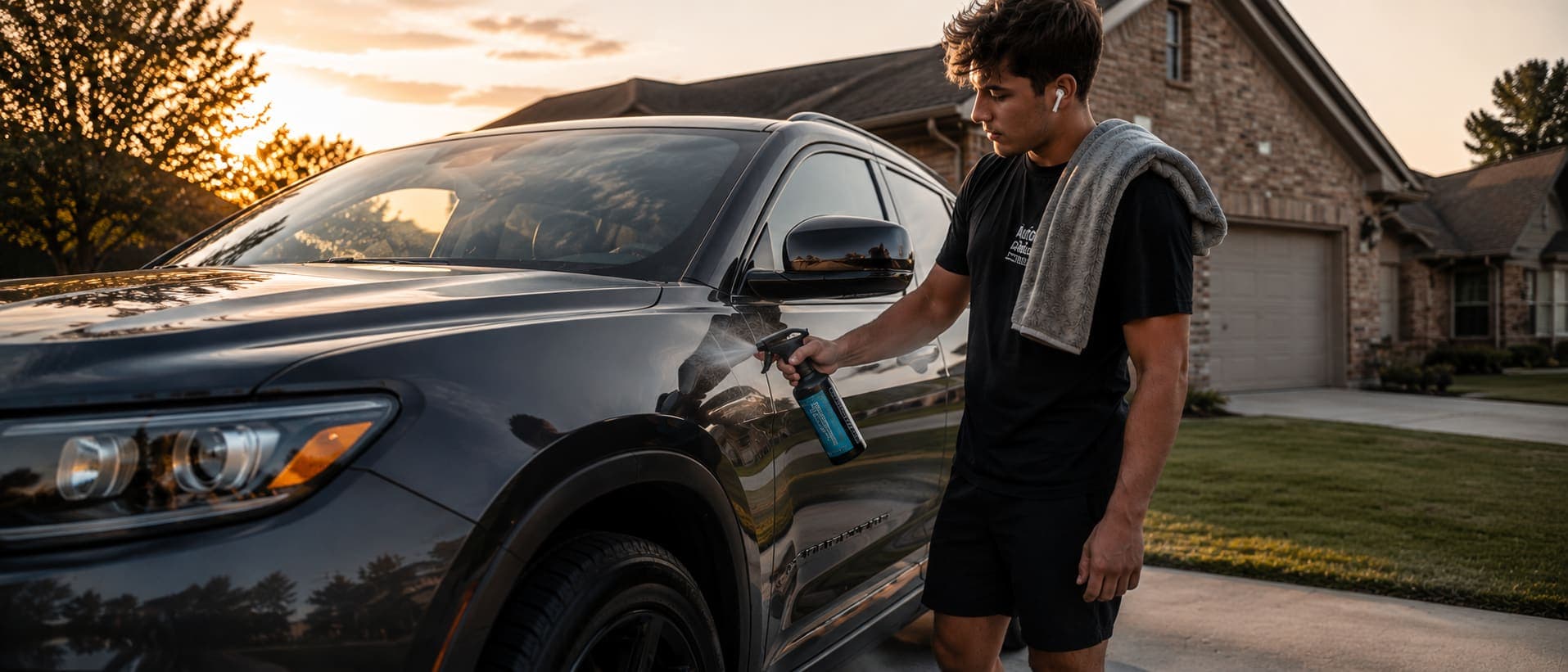 JustWashes technician hand-washing an SUV in a driveway
